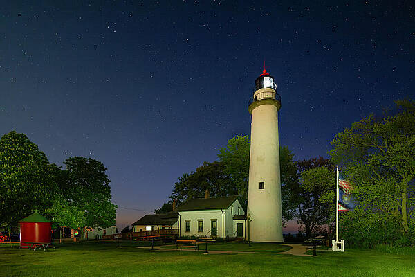 Summer Photograph - Point Aux Barques Lighthouse At Night by Michael Collins