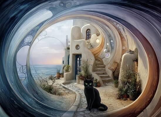 Whimsical Digital Art - Portal Cottage With Gratuitous Cat by Eris And AI