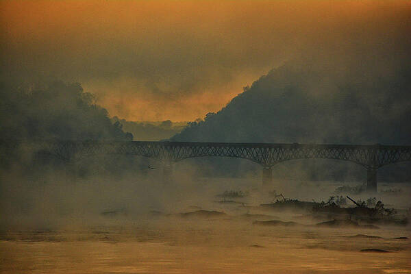 Potomac River On A Misty Sunrise Morning With Bridge Glow 3 Print