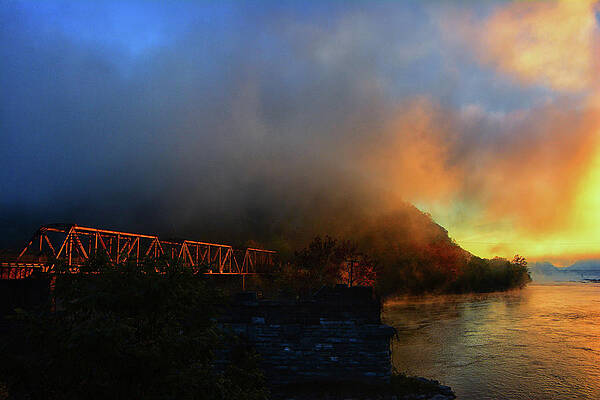 Potomac River On A Misty Sunrise Morning With Bridge Glow Print
