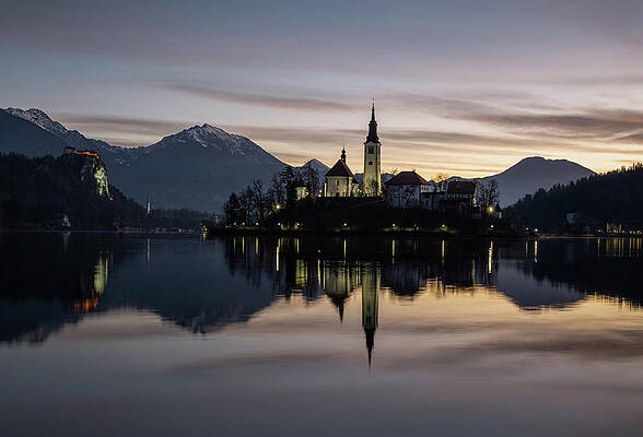 Winter Wall Art featuring the photograph Promise Of Sunrise At Lake Bled by Charnwood Photography Fine Art