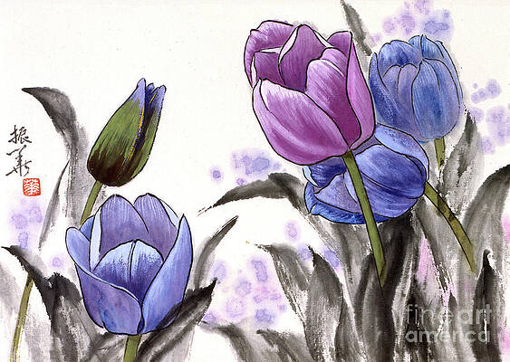 Asian Wall Art featuring the painting Purple And Blue Tulips by Wang Zhenhua