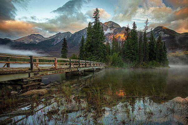 Reflection Wall Art featuring the photograph Pyramid Island Bridge Canadian Rockies Sunrise by Dan Sproul