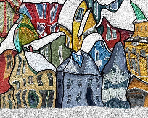 Quirky Snowy Townscape by Sue Leonard