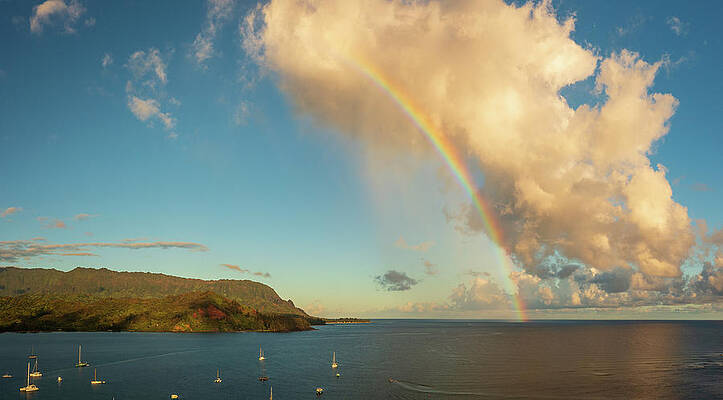 Wall Art featuring the photograph Rainbow Over Hanalei Bay In Panorama Across The Ocean by Steven Heap