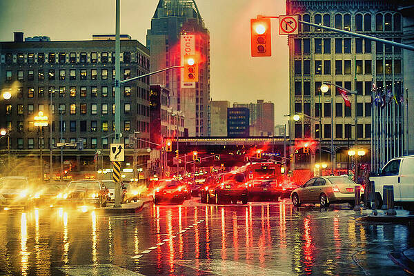 City Street in Rainy Evening Light Wall Art