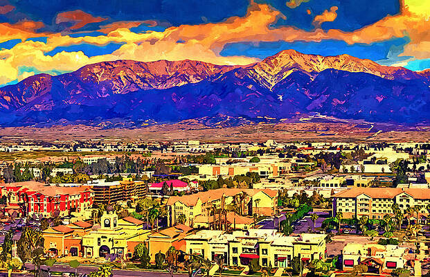 Mountain Wall Art featuring the digital art Rancho Cucamonga Aerial With San Gabriel Mountains And Cucamonga Peak In The Distance by Nicko Prints