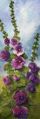 Vibrant Purple Hollyhocks in Bloom Painting