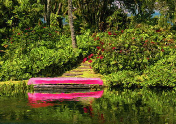 Wall Art featuring the photograph Red Canoe On Dock Reflecting Into Calm Lake In Oil Painting by Steven Heap