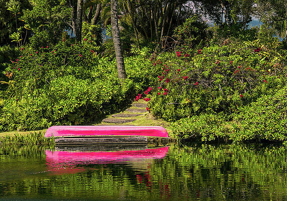 Wall Art featuring the photograph Red Canoe On Dock Reflecting Into Calm Lake Or Pond In Garden by Steven Heap