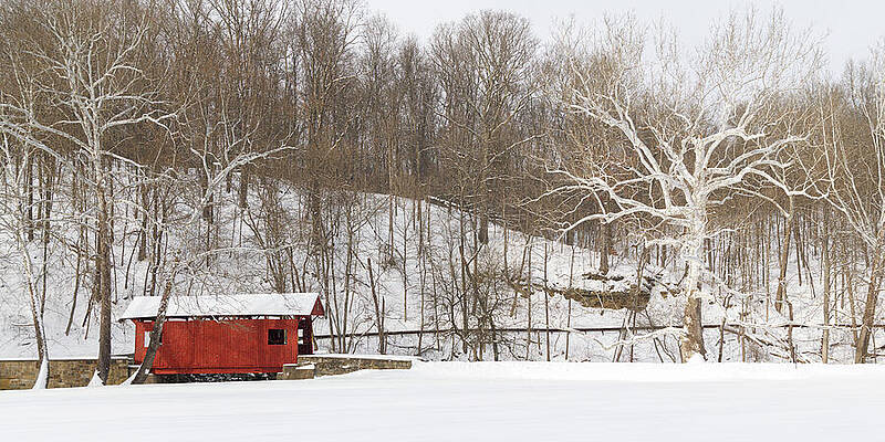 Red Covered Bridge in Winter Scene Photograph