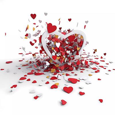 Whimsical Wall Art featuring the digital art Red Hearts And Multi-coloured Confetti On A White Background by Andre Petrov