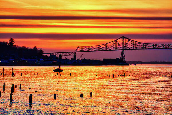 Transportation Wall Art featuring the photograph Red Sky Over Astoria Bridge Oregon by Tatiana Travelways