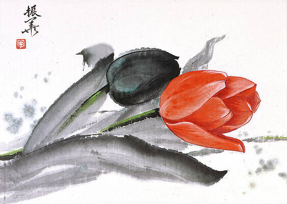 Wall Art featuring the painting Red Tulip by Wang Zhenhua
