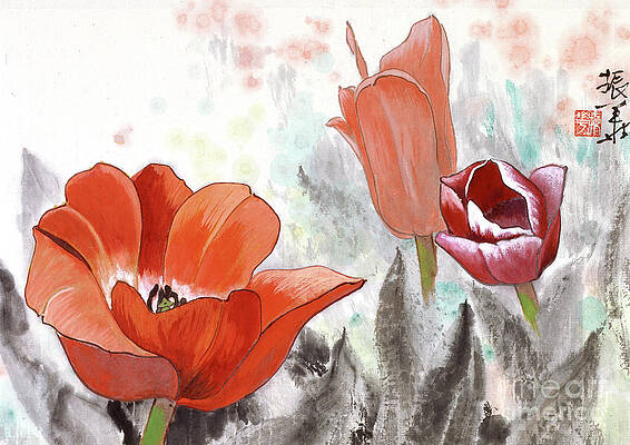 Wall Art featuring the painting Red Tulips by Wang Zhenhua