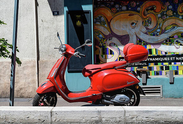 Red Scooter by Colorful Mural Wall Art