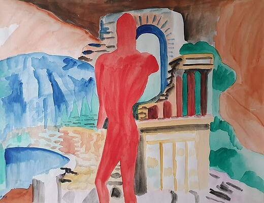 Wall Art featuring the painting Red Warrior And The Temple by Enrico Garff