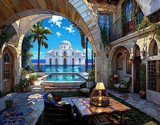 Architecture Wall Art featuring the digital art Resort Courtyard by Eris And AI