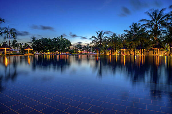 Wall Art featuring the photograph Resort Swimming Pool In Mauritius With Palm Trees And Lights After Sunset. by Miroslav Liska