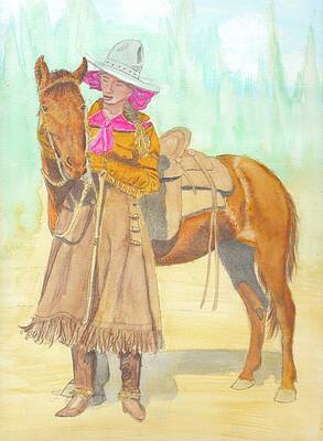 Horse Wall Art featuring the painting Retro Cowgirl With Pink Scarf And Horse by Carla E