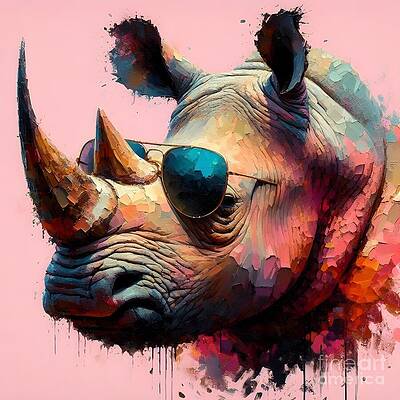 Vibrant Wall Art featuring the ai art Rhino In Shades by Lucia Stewart