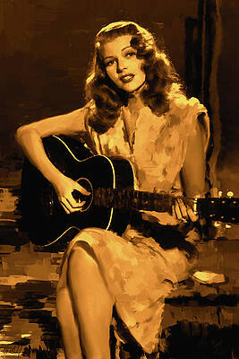 Woman Digital Art - Rita Hayworth Playing Guitar by Gradify Creations