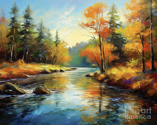 Nature Wall Art featuring the ai art River Autumn by Macro Abundance