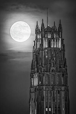 Wall Art featuring the photograph Rockefeller Cathedral And Strawberry Moon BW by Susan Candelario