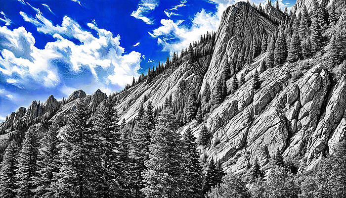 Nature Digital Art - Rocky Mountain Slope With Trees In Black And White, With The Blue Sky Isolated by Nicko Prints