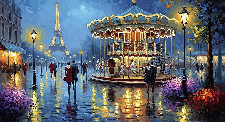 Architecture Wall Art featuring the ai art Romantic Evening By The Carousel by The Luxury Art Collection