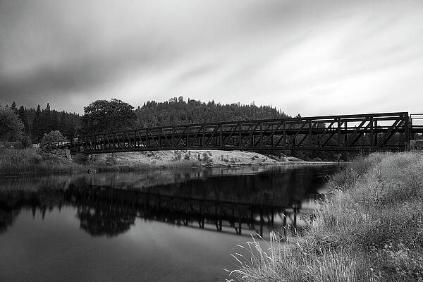 Moody Wall Art featuring the photograph Rustic Bridge Over Hat Creek - Shasta County California - Monochrome by Mike Lee