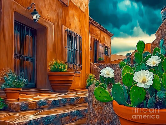 Rustic Courtyard with Cactus Blooms Wall Art
