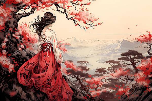 Serene Digital Art - Sakura Blossoms In Japan In Ukiyo-e Style No 2 by Andre Petrov