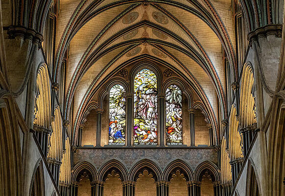 Majestic Cathedral Interior with Stained Glass Wall Art