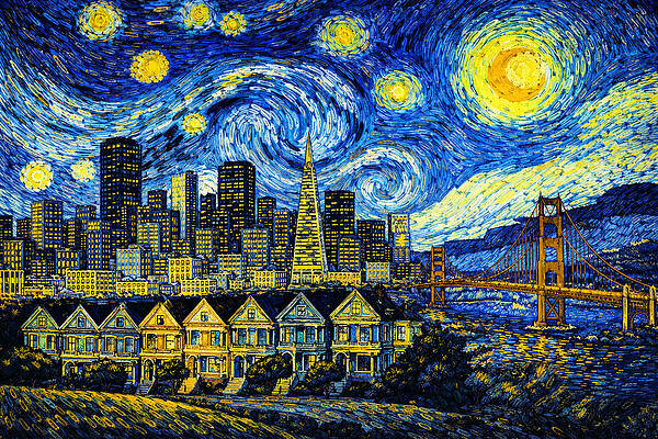 Cityscape with Swirling Night Sky Wall Art