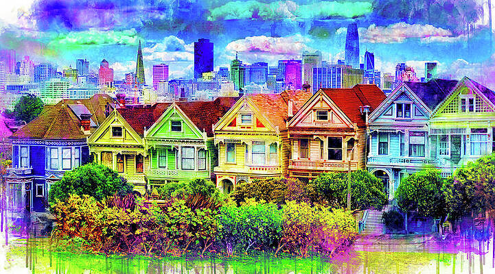 Vibrant Wall Art featuring the digital art San Francisco's Painted Ladies At Alamo Square - Colorful Ink And Watercolor Painting by Nicko Prints