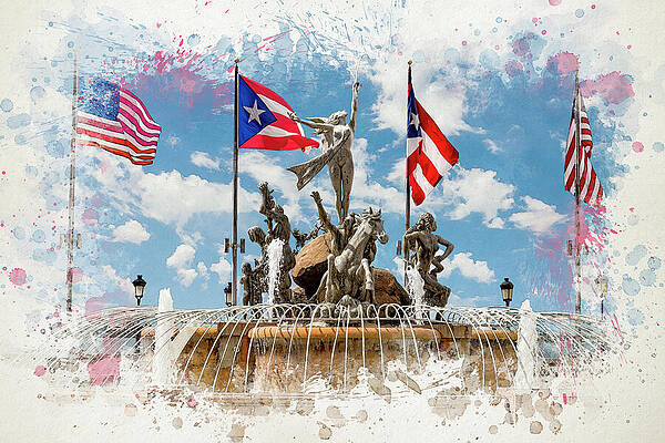 San Juan Historic Fountain and Flags Wall Art