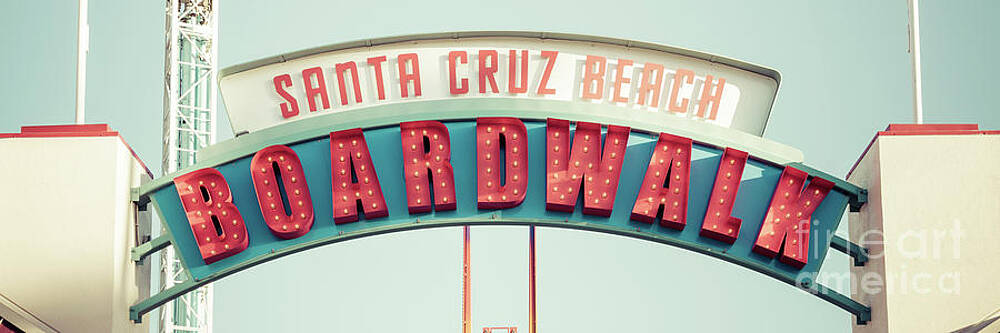 California Wall Art featuring the photograph Santa Cruz Beach Boardwalk Sign Retro Panorama Photo by Paul Velgos
