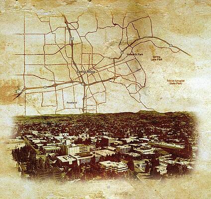 Digital Art - Santa Rosa, California - Map And Panorama On Old Paper by Nicko Prints