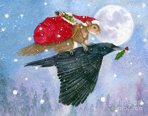 Crow Wall Art featuring the painting Santa Squirrel And Crow by Marie Stone-van Vuuren
