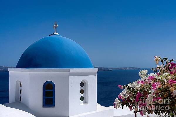 Greece Wall Art featuring the digital art Santorini Blue Dome by Antonios Valamontes