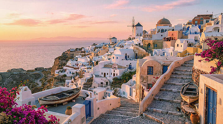 Santorini Sunset Over White Houses Wall Art