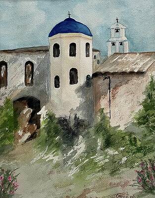 Tranquil Wall Art featuring the painting Santorini's Buildings by Judy Strickland
