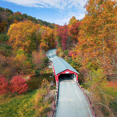 Wall Art featuring the photograph Schlicher's Covered Bridge Autumn Aerial Facing North by Jason Fink