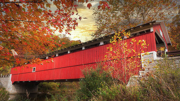 Sunrise Wall Art featuring the photograph Schlichers Covered Bridge Autumn Sunrise by Jason Fink