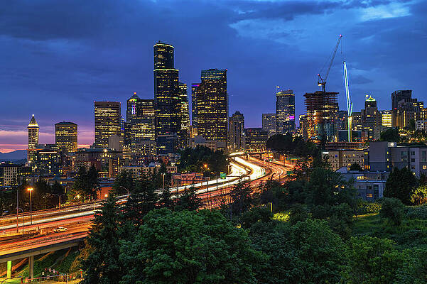 Sky Photograph - Seattle Downtown Skyline, With Traffic On The I-5 Freeway, Viewed At Dusk by Miroslav Liska