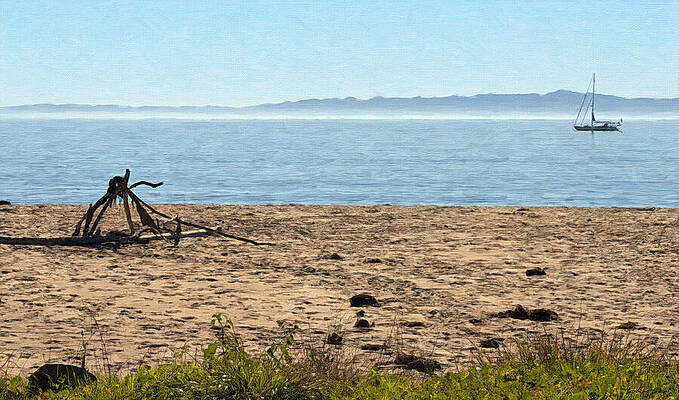 Serene Beach with Distant Sailboat by Barbara Siegel