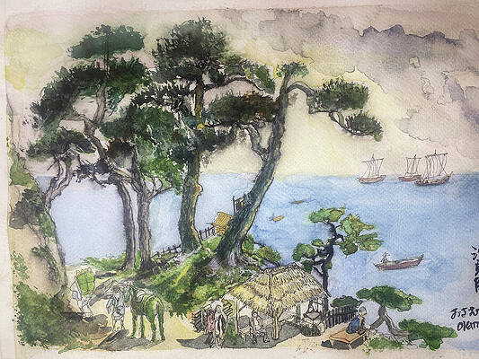 momorin 手描き 水彩画 マルタの海の見える坂道 momorin 手描き 水彩画