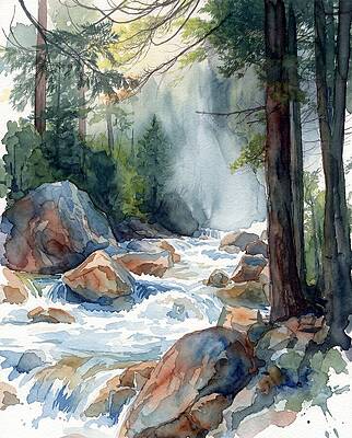 Serene Forest Waterfall Scene by Bonnie Colgan