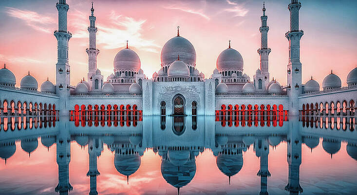 Architecture Wall Art featuring the ai art Serene Mosque Reflection At Sunset by The Luxury Art Collection